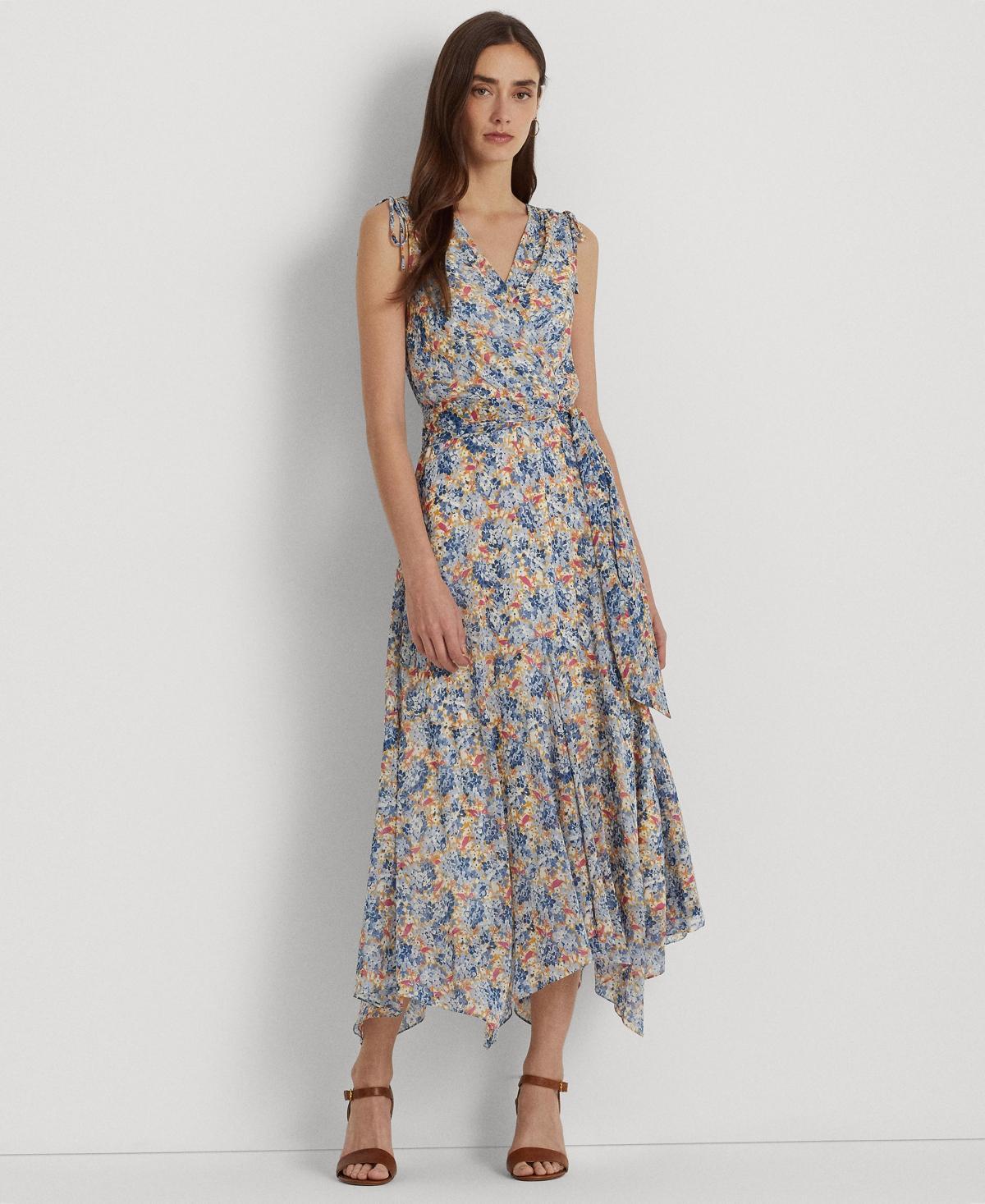 Lauren Ralph Lauren Floral Belted Crinkle Georgette Dress (Blue/Pink Multi) Women's Dress Product Image