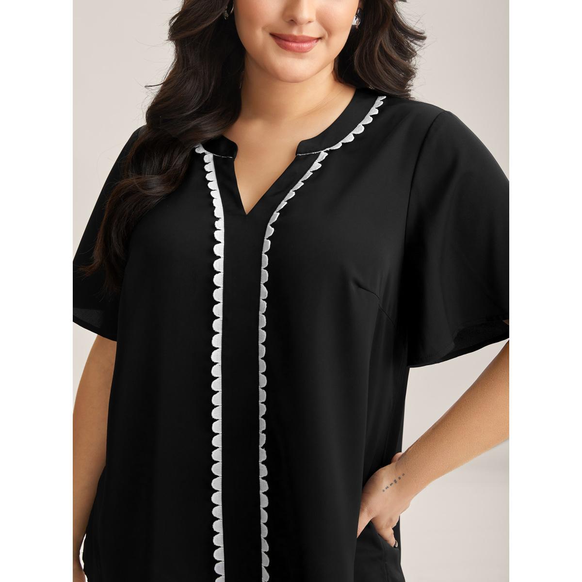 Plus Size Black Lace Trim Notched Collar Solid Blouse Women Short sleeve Notched collar Work Blouses BloomChic 14-16/1X Product Image