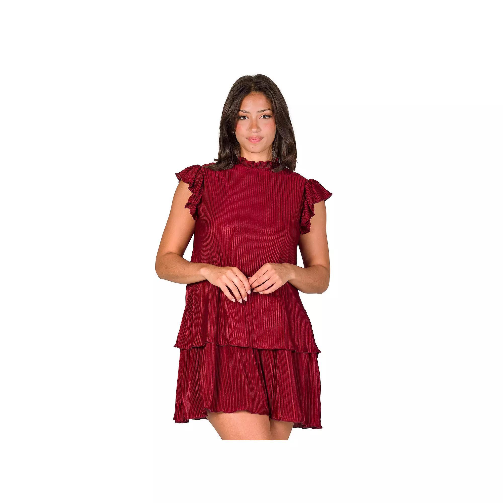 Women's 24Seven Comfort Apparel Ruffle Cap Sleeve High Neck Pleated Tiered Mini Dress, Size: XL Product Image