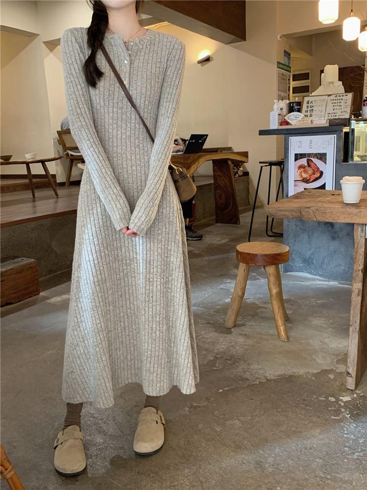 Long-Sleeve Half Buttoned Plain Knit Midi A-Line Dress Product Image