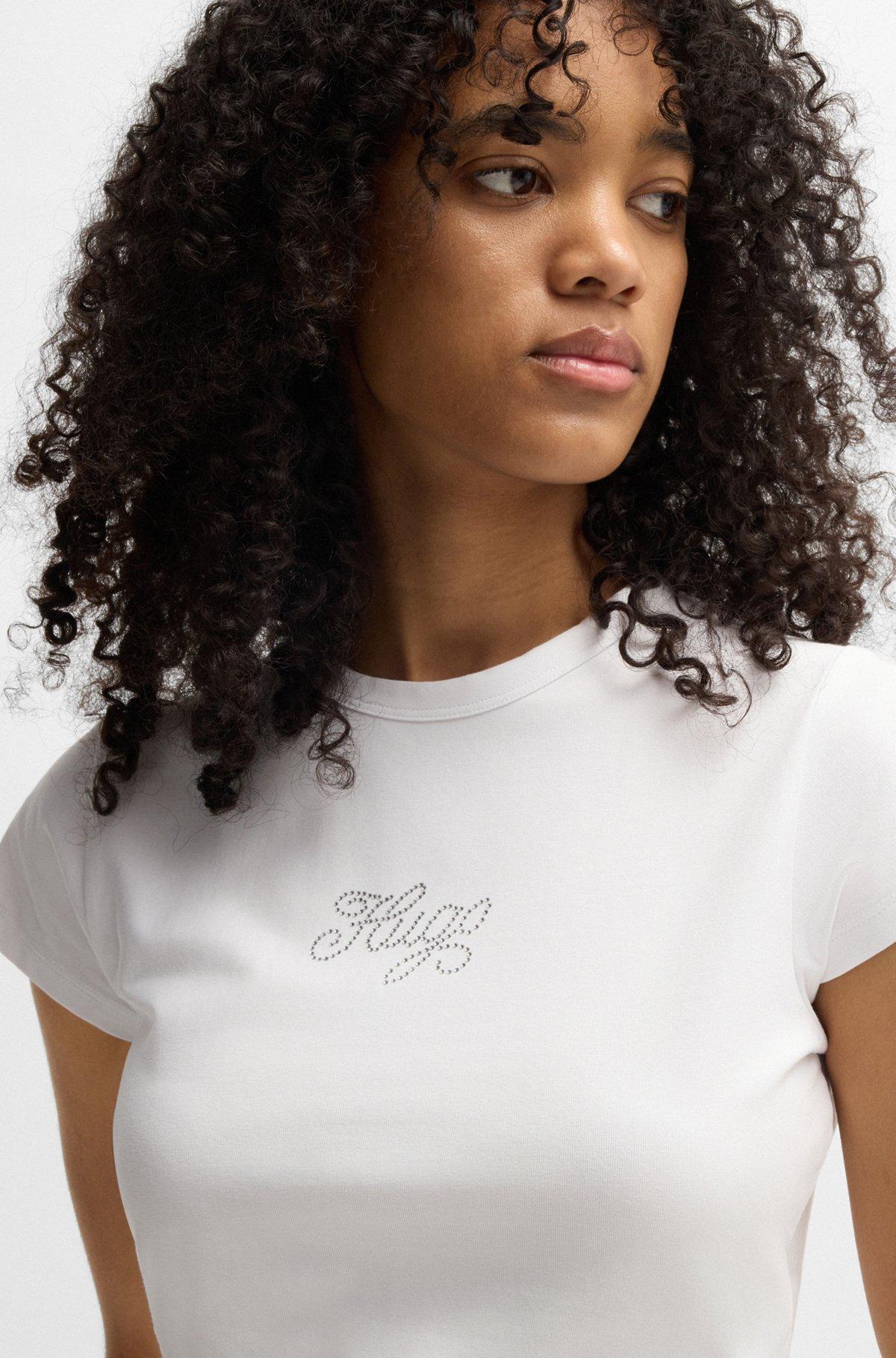 Stretch-cotton T-shirt with crystal-studded logo Product Image