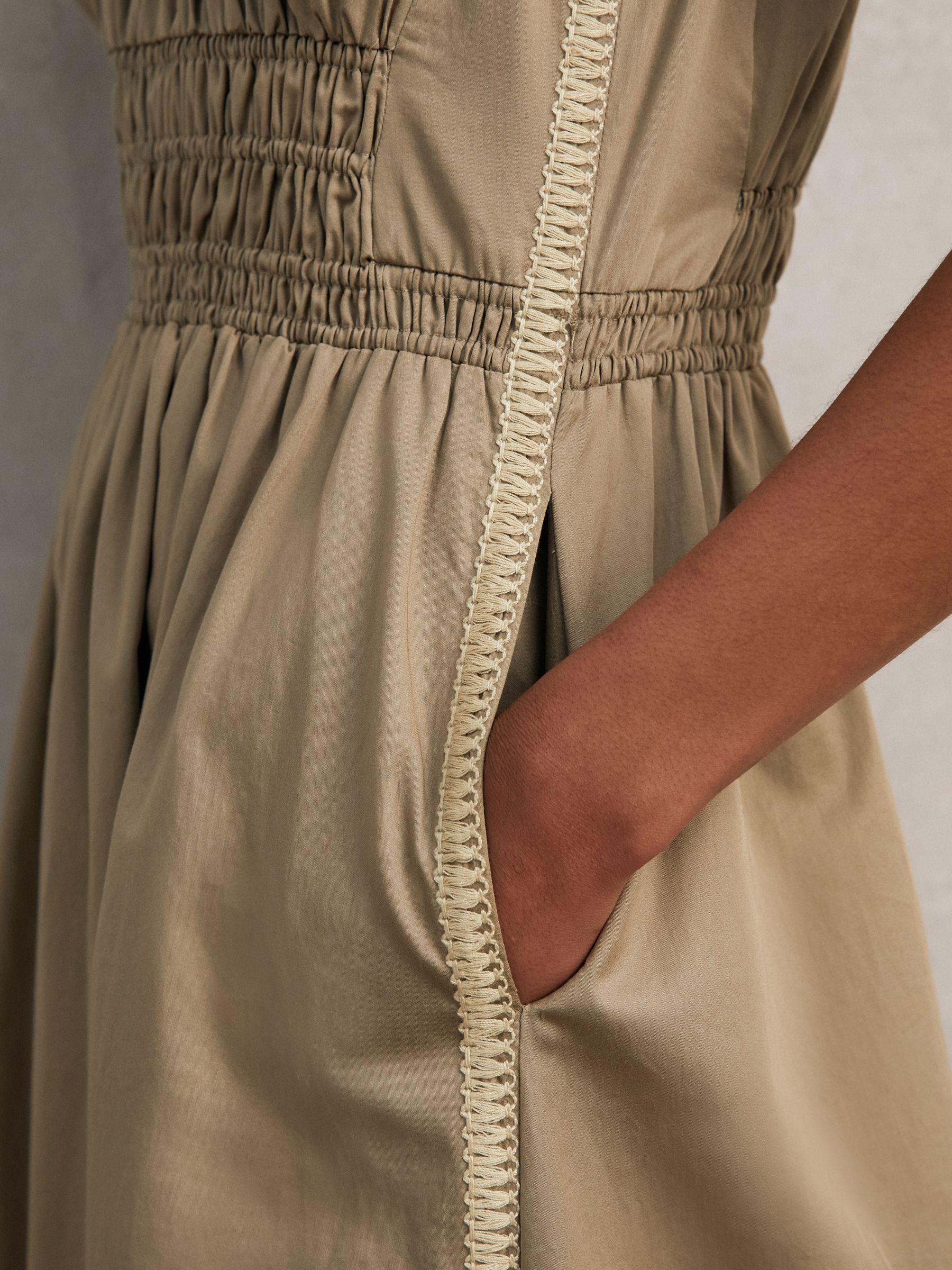 Cotton Craft-Stitch Shirred Midi Dress in Khaki Product Image