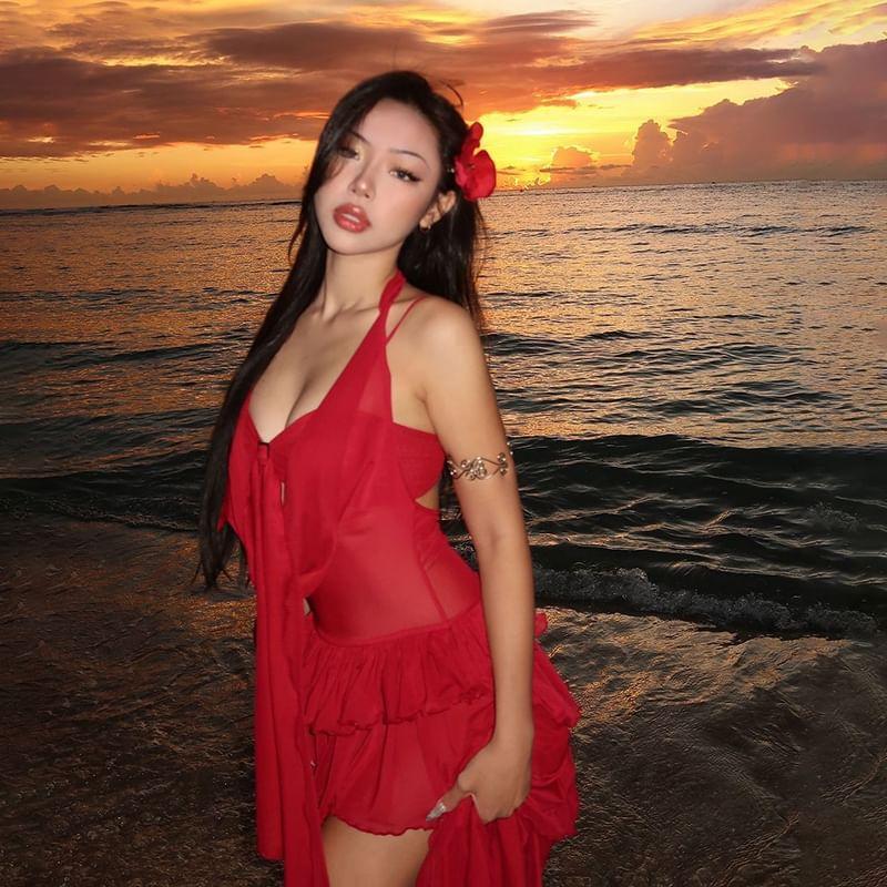 Halter Plain Asymmetrical Lettuce Edge Mini Bodycon Dress Product Image