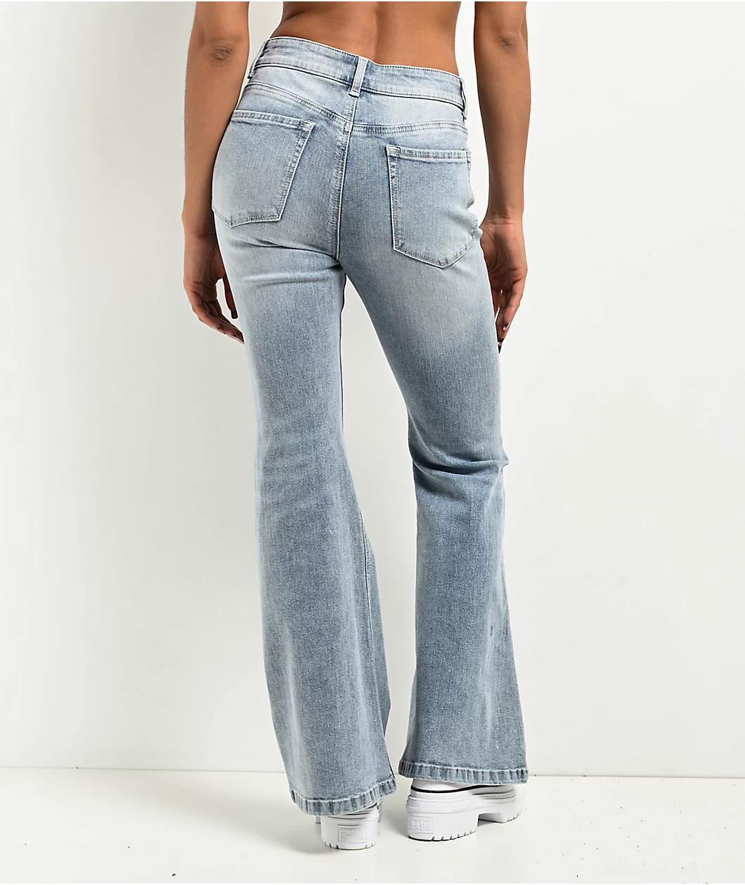 Empyre Glimmer Blossom Light Blue Wash Mid Rise Flare Jeans Product Image