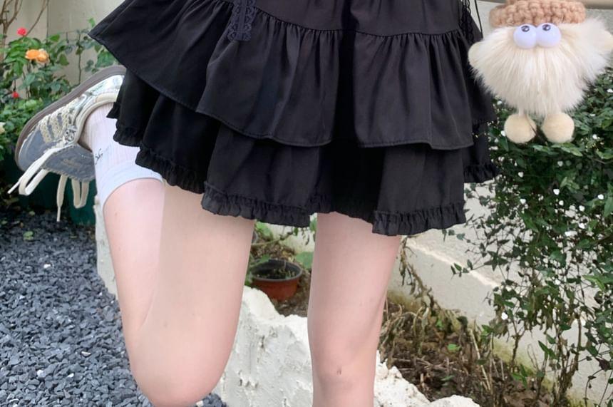 Elastic Waist Plain Ruffle Tiered Mini A-Line Skirt Product Image
