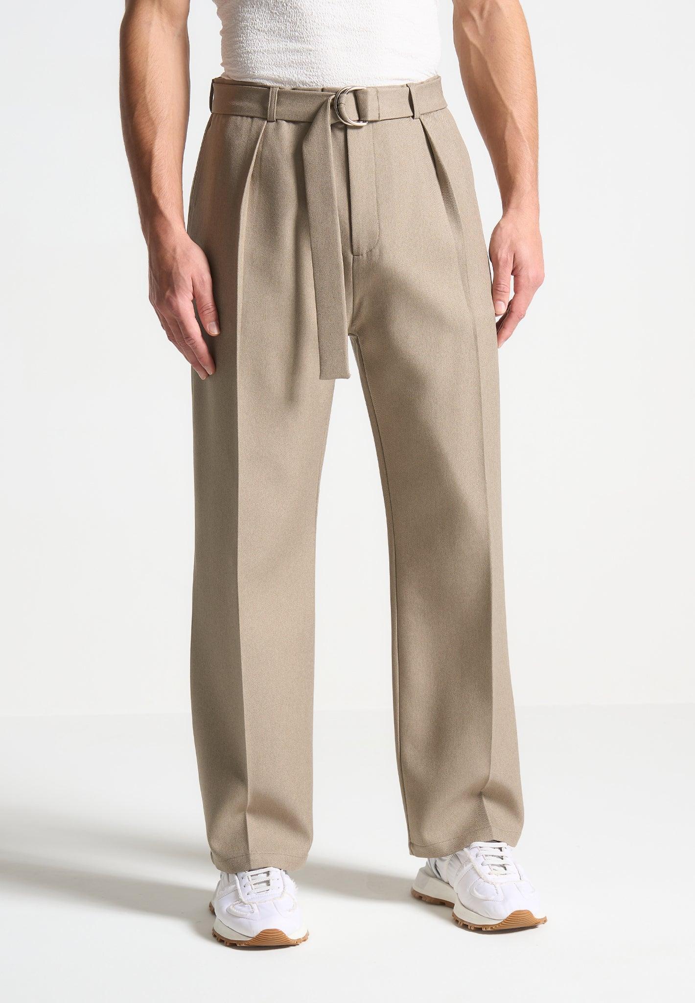 Relaxed Fit Textured Belted Tailored Trousers - Beige Male Product Image