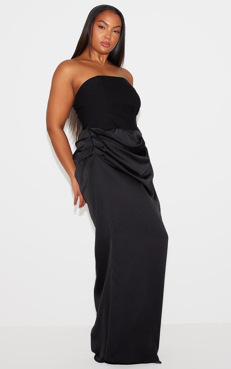 Plus Black Bandeau Ruched Satin Maxi Dress Product Image