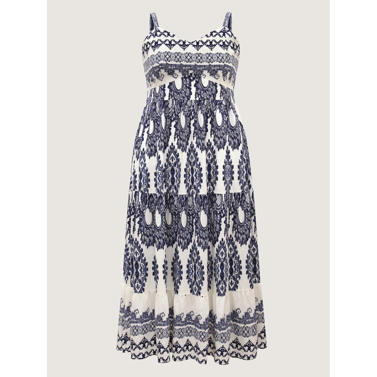 Plus Size Boho Print Shirred Cami Midi Dress DarkBlue Women V-neck Sleeveless Curvy BloomChic 18-20/2X Product Image