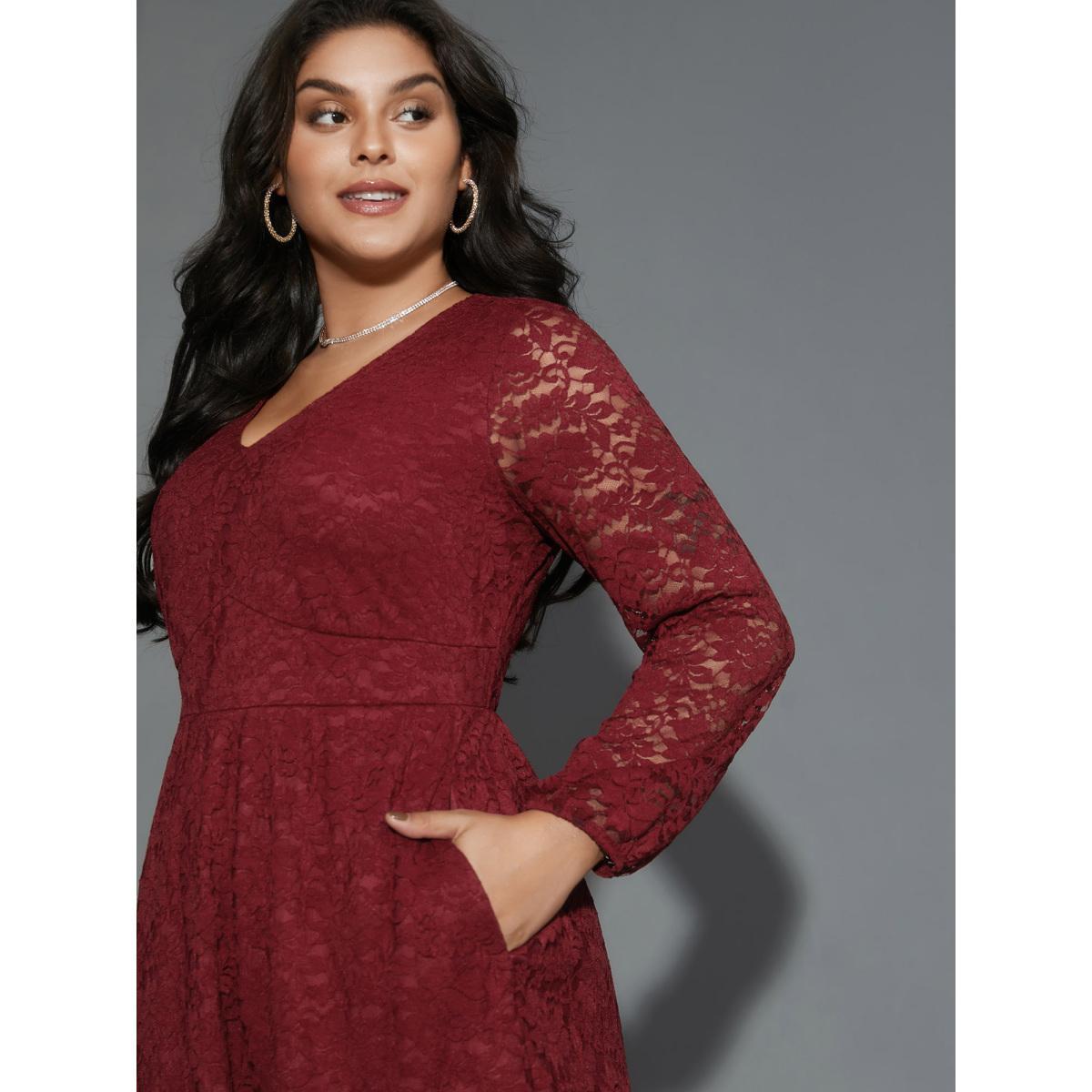 Plus Size Solid Lace Patchwork Lantern Sleeve Dress Burgundy Women Cocktail Woven ribbon&lace trim Party Curvy Bloomchic 18-20/2X Product Image