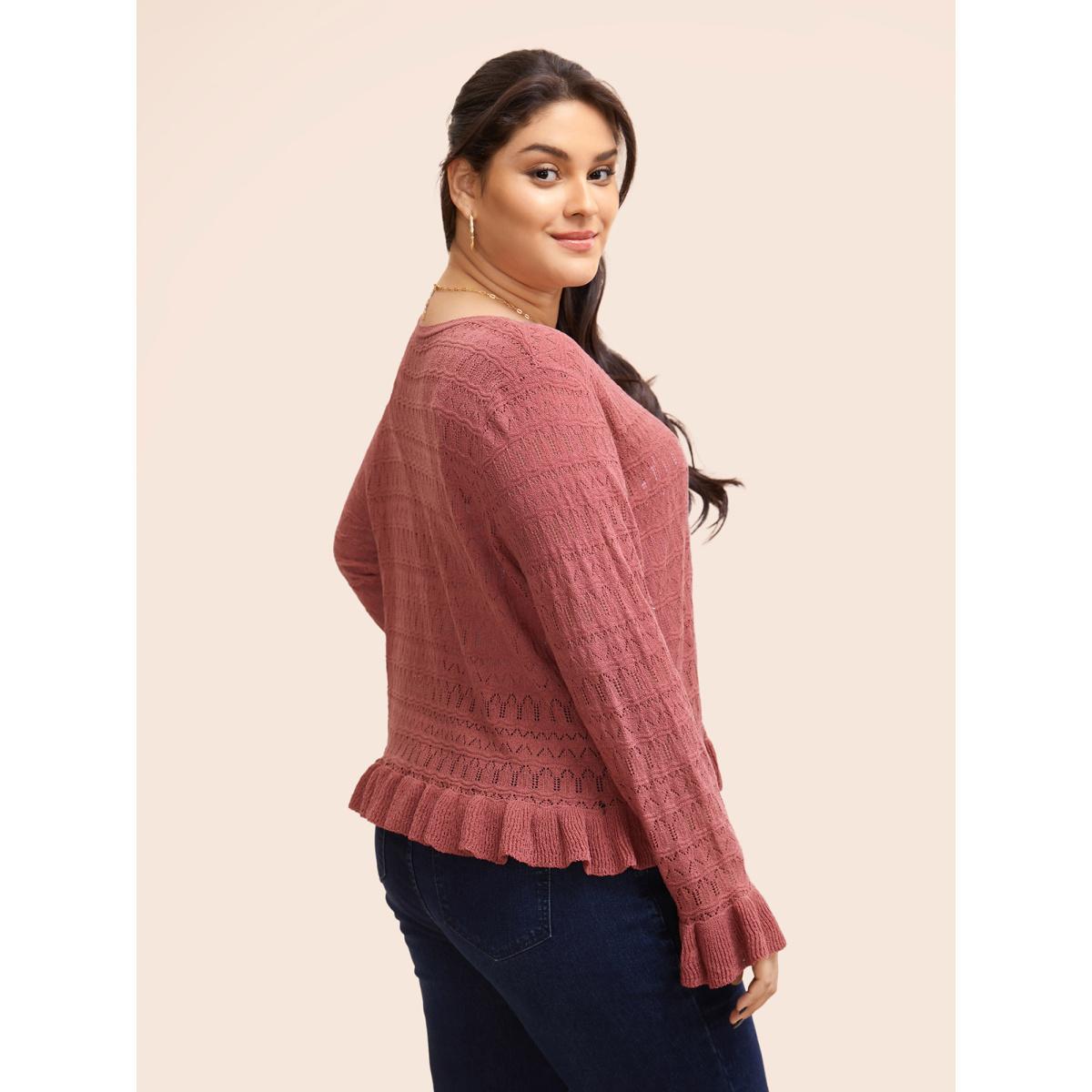 Plus Size Texture Ruffles Tie Knot Bell Sleeve Cardigan Beanpastepowder Women Casual Loose Long Sleeve Everyday Cardigans BloomChic 30/6X Product Image