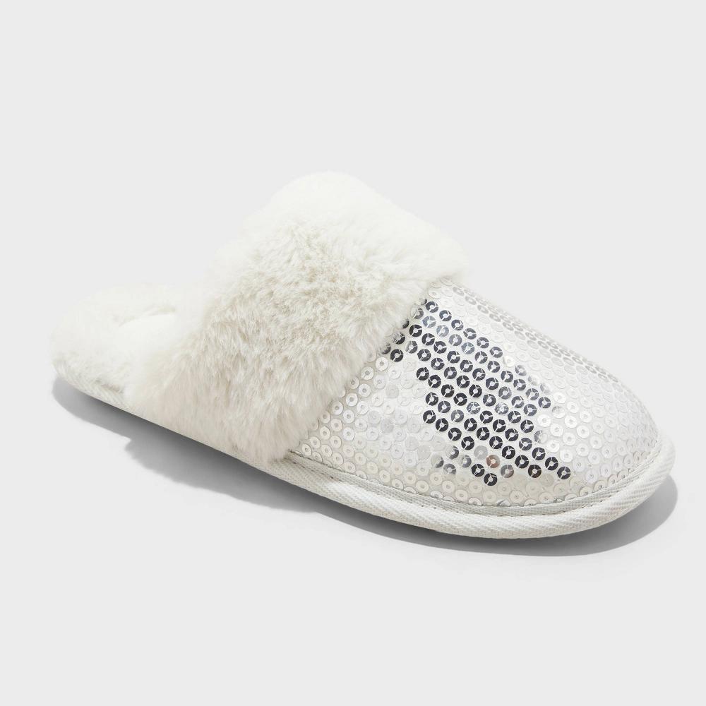 Womens Rae Sequin Scuff Slippers - Auden Silver S: Slip-On, Backless, Indoor/Outdoor Outsole, Closed Round Toe Product Image