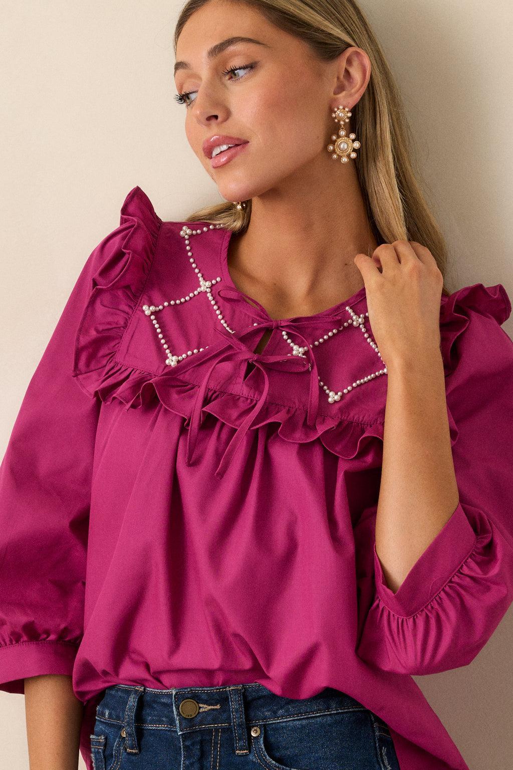 It Happens Dark Fuchsia Ruffle Puff Sleeve Top Product Image