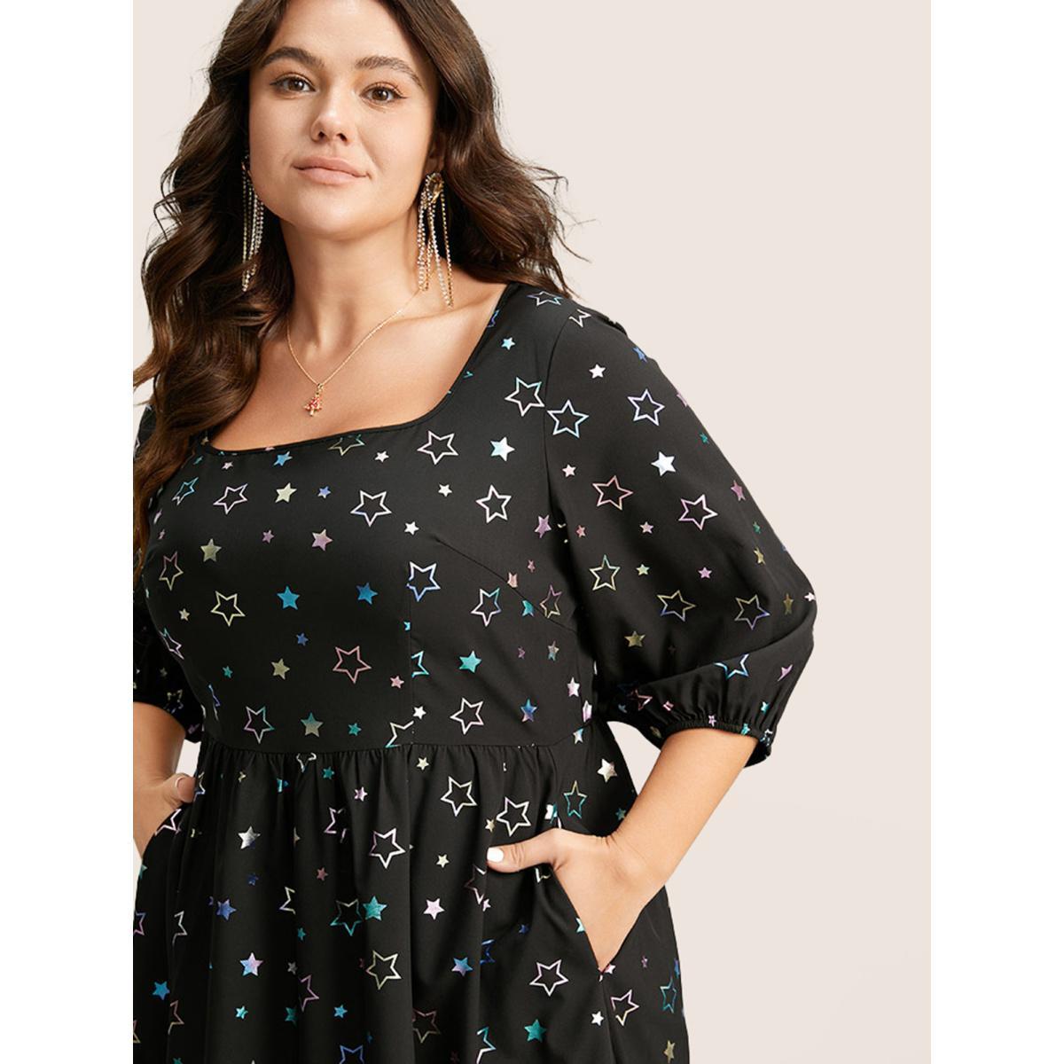 Plus Size Heart Glitter Square Neck Lantern Sleeve Dress Black Women Cocktail Elastic cuffs Square Neck Half Sleeve Curvy Midi Dress BloomChic 10/M Product Image