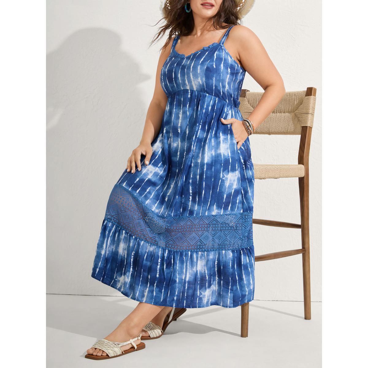 Plus Size Tie-Dye Lace Trim Cami Midi Dress Mediumblue Women V-neck Sleeveless Curvy BloomChic 22-24/3X Product Image