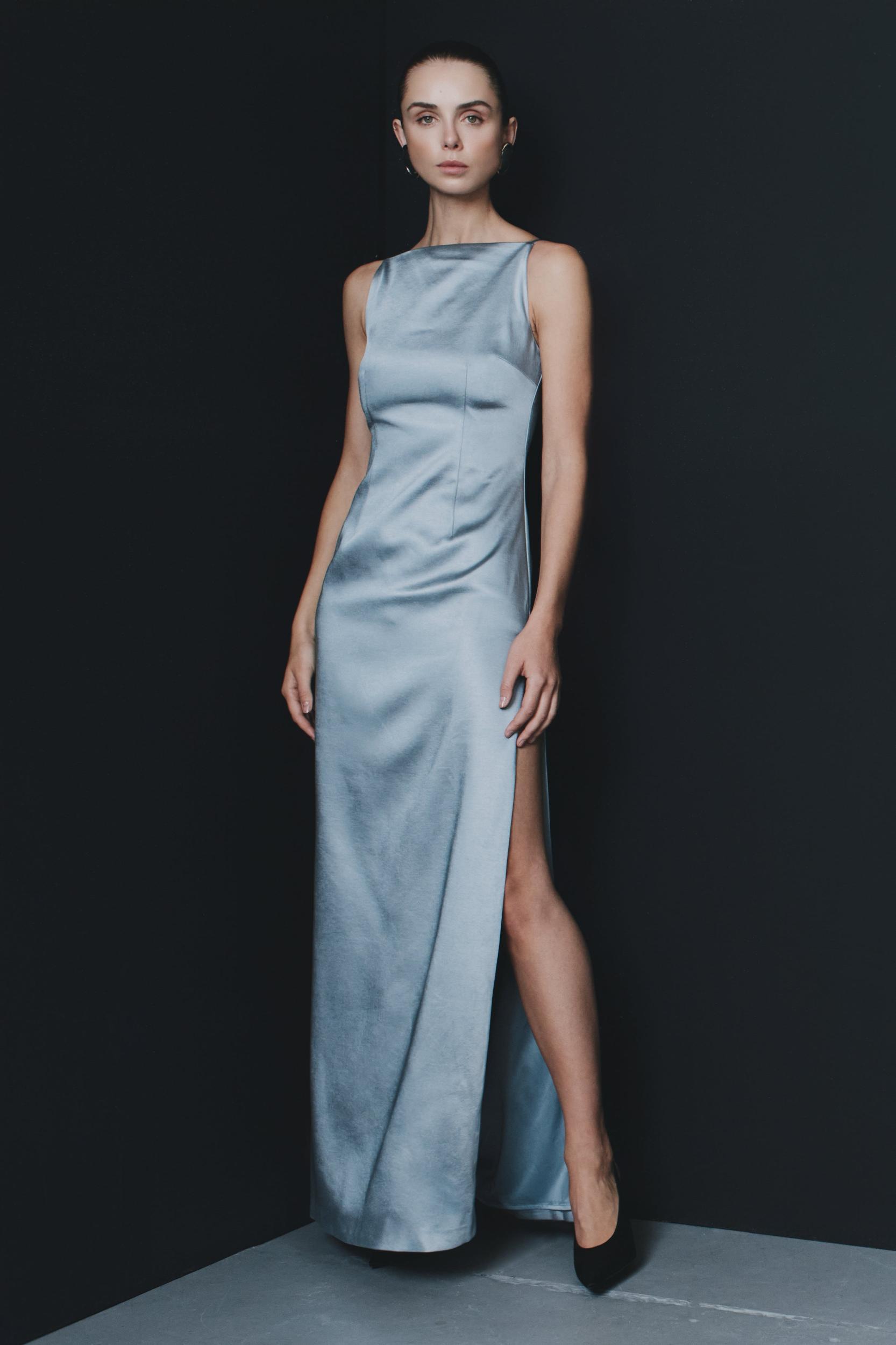 Violet Sleeveless Satin Maxi Dress - Frosted Blue Product Image