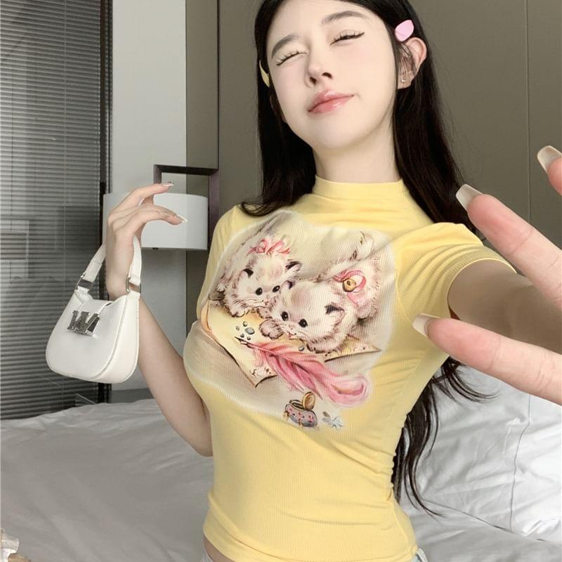 Mock Neck Cat Print Slim Fit Crop Top (Various Designs) Product Image