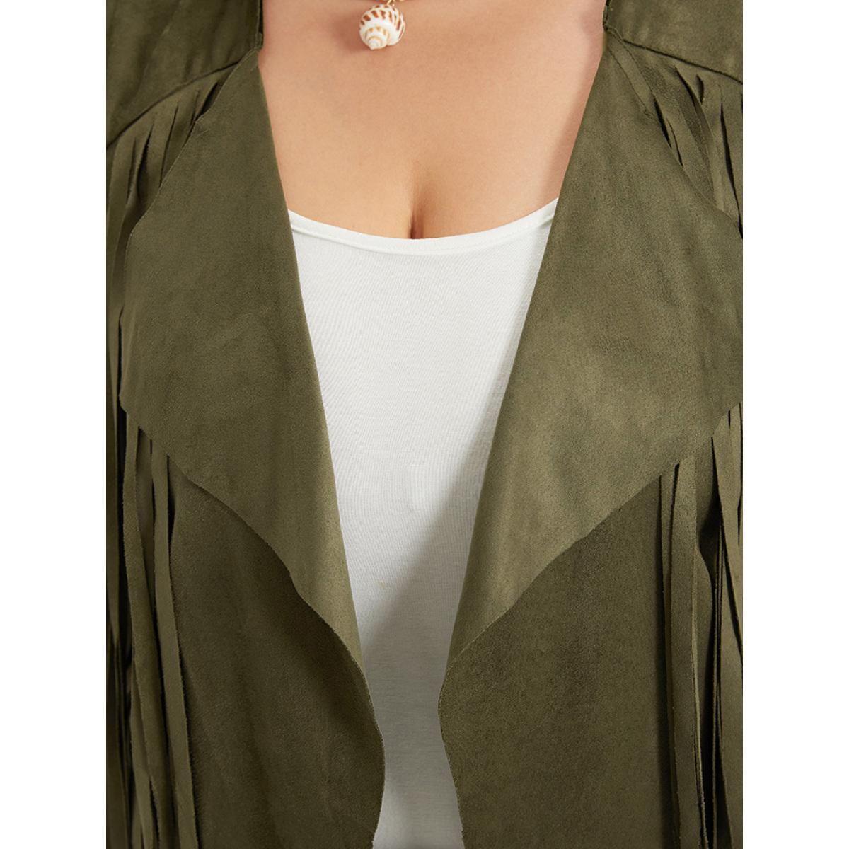 Plus Size Plain Tassel Trim Open Front Jacket Women ArmyGreen Tassels Vacation Jackets BloomChic 28/5X Product Image