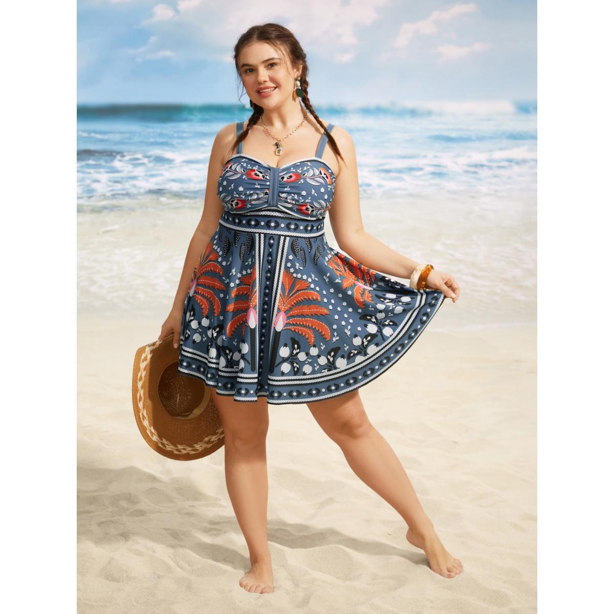 Plus Size Bandana Print Heart Neckline Gathered Swim Dress Women's Swimwear Stone Beach Bodycon Heart neckline High stretch Curve Swim Dresses BloomChic 18-20/2X Product Image