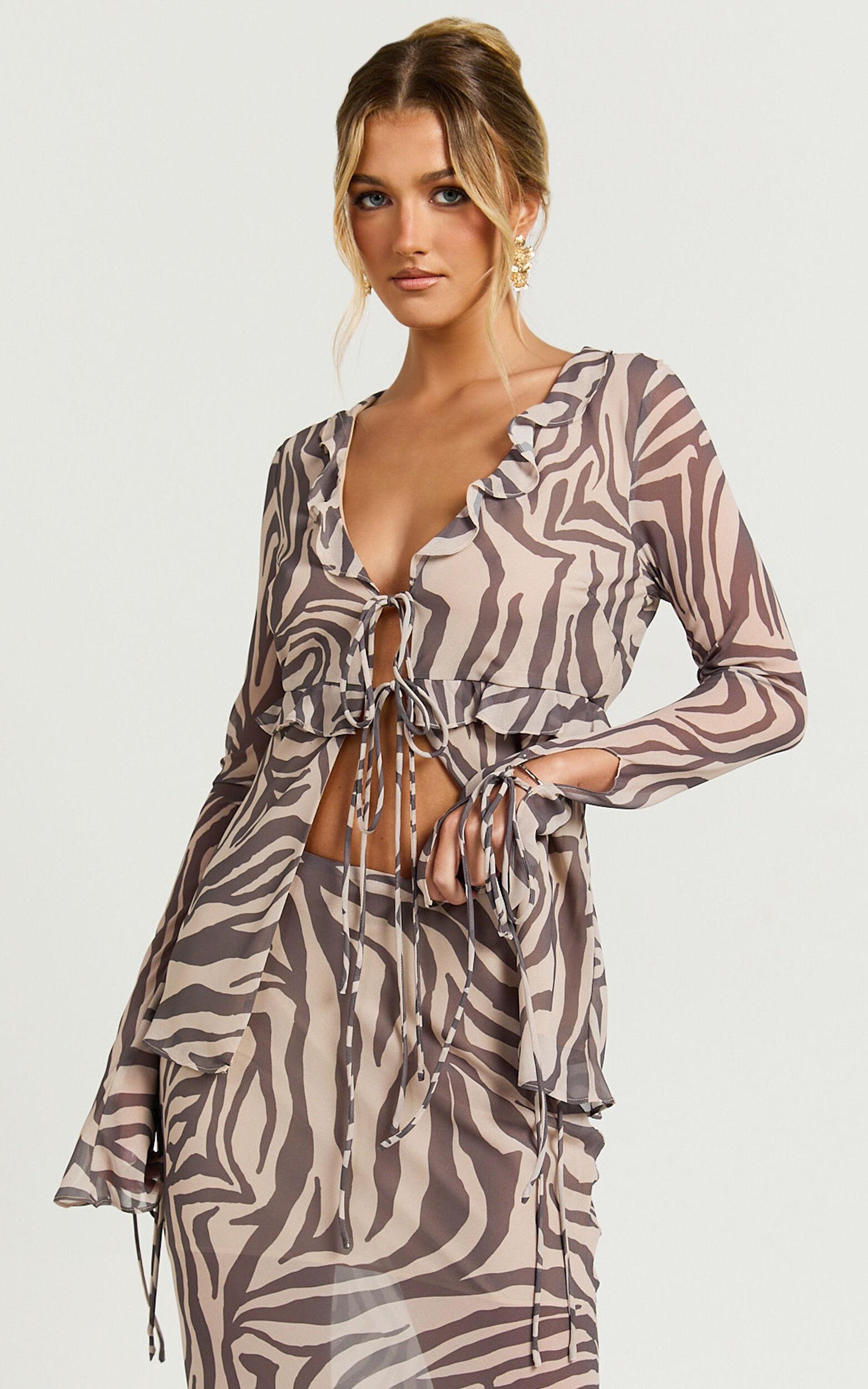 Rita Top - Georgette Tie Front Flared Sleeve Top in Abstract Zebra Print Product Image