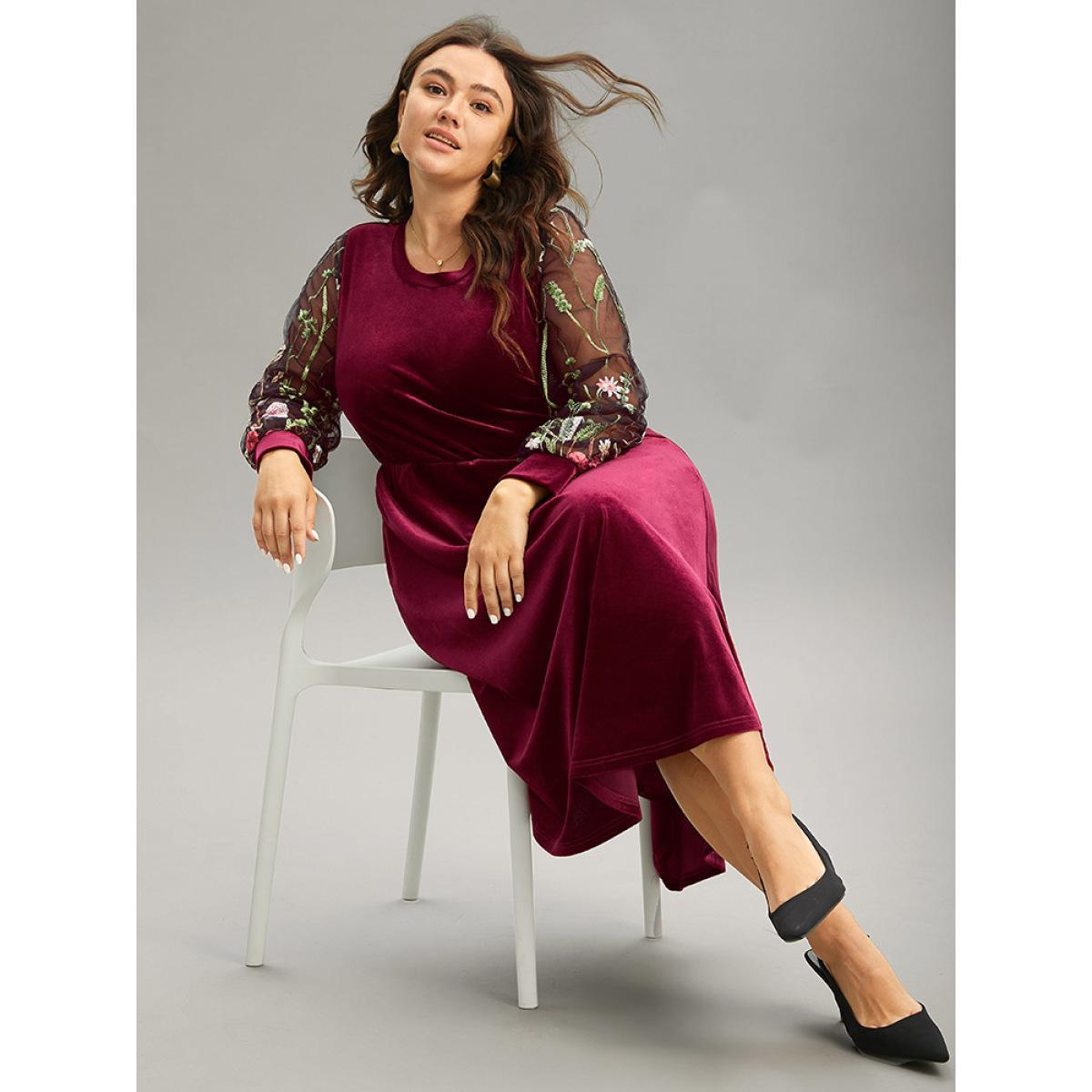 Plus Size Floral Embroidered Patchwork Lace Velvet Mesh Dress Burgundy Women Elegant Velvet Round Neck Long Sleeve Curvy Midi Dress BloomChic 14-16/1X Product Image