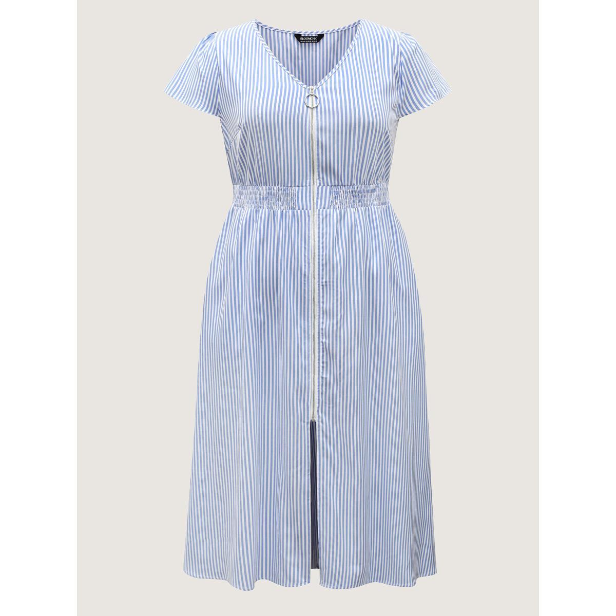 Plus Size Striped Zipper Front Shirred Waist Midi Dress LightBlue Women Shirred V-neck Cap Sleeve Curvy BloomChic 28/5X Product Image