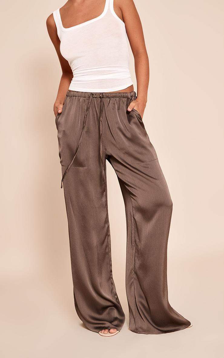 Charcoal Textured Satin Low Rise Wide Leg Drawstring Pants Product Image