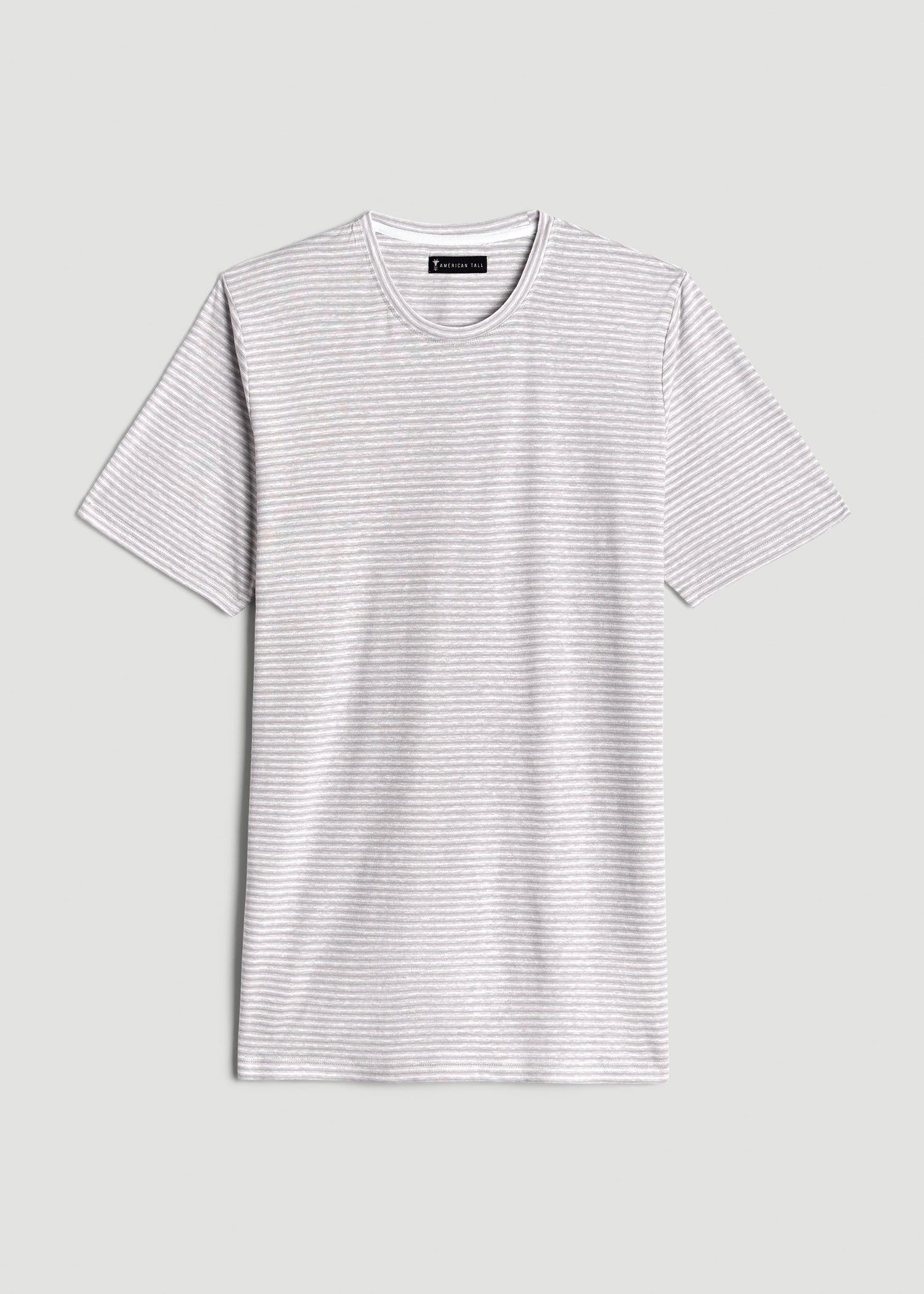 Linen Crewneck T-Shirt for Tall Men in Grey and White Mini Stripe Product Image