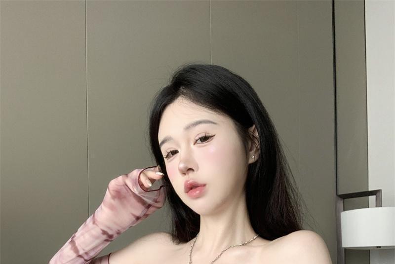 Long Sleeve Off Shoulder Tie Dye Panel Mesh Crop Top Product Image