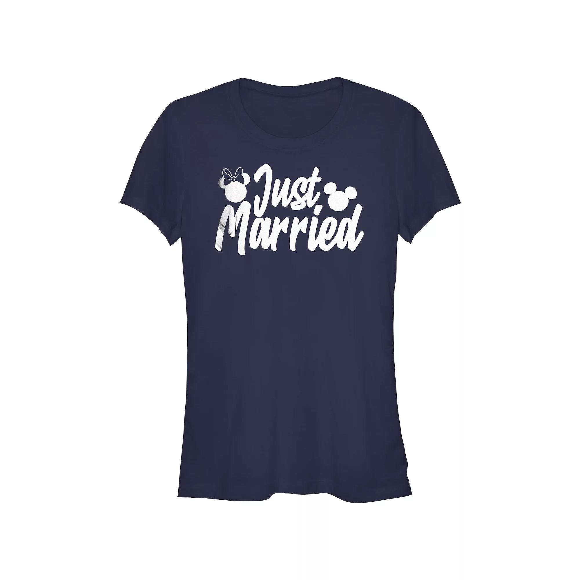 Disney's Mickey Mouse And Minnie Just Married Sign Juniors' Graphic Tee, Women's, Size: Small, Blue Product Image