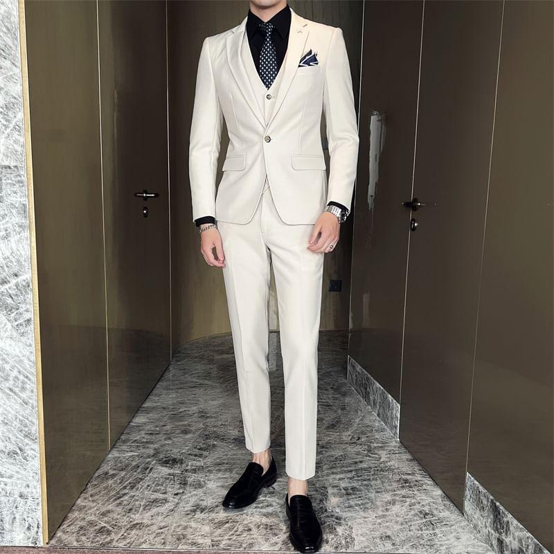 Set: Lapel Collar Plain Single Button Blazer + Mid Rise Plain Dress Pants + V-Neck Plain Single Breasted Vest Product Image
