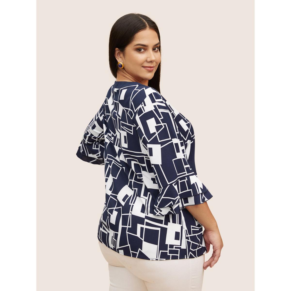 Plus Size Indigo Geometric Keyhole Ruffles Metal Detail Blouse Women At the Office Elbow-length sleeve Round Neck Work Blouses BloomChic 28/5X Product Image