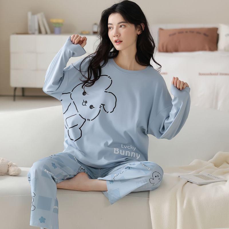 Loungewear Set : Long-Sleeve Rabbit Print Padded T-Shirt + Pants Product Image