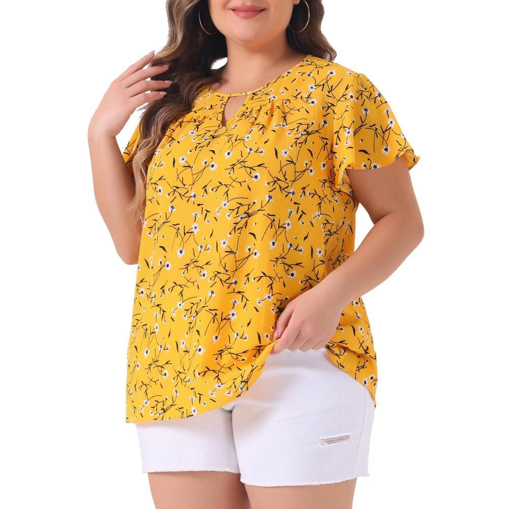 Agnes Orinda Plus Size Womens Tops Keyhole Flutter Short Sleeve Chiffon Floral Pattern Product Image
