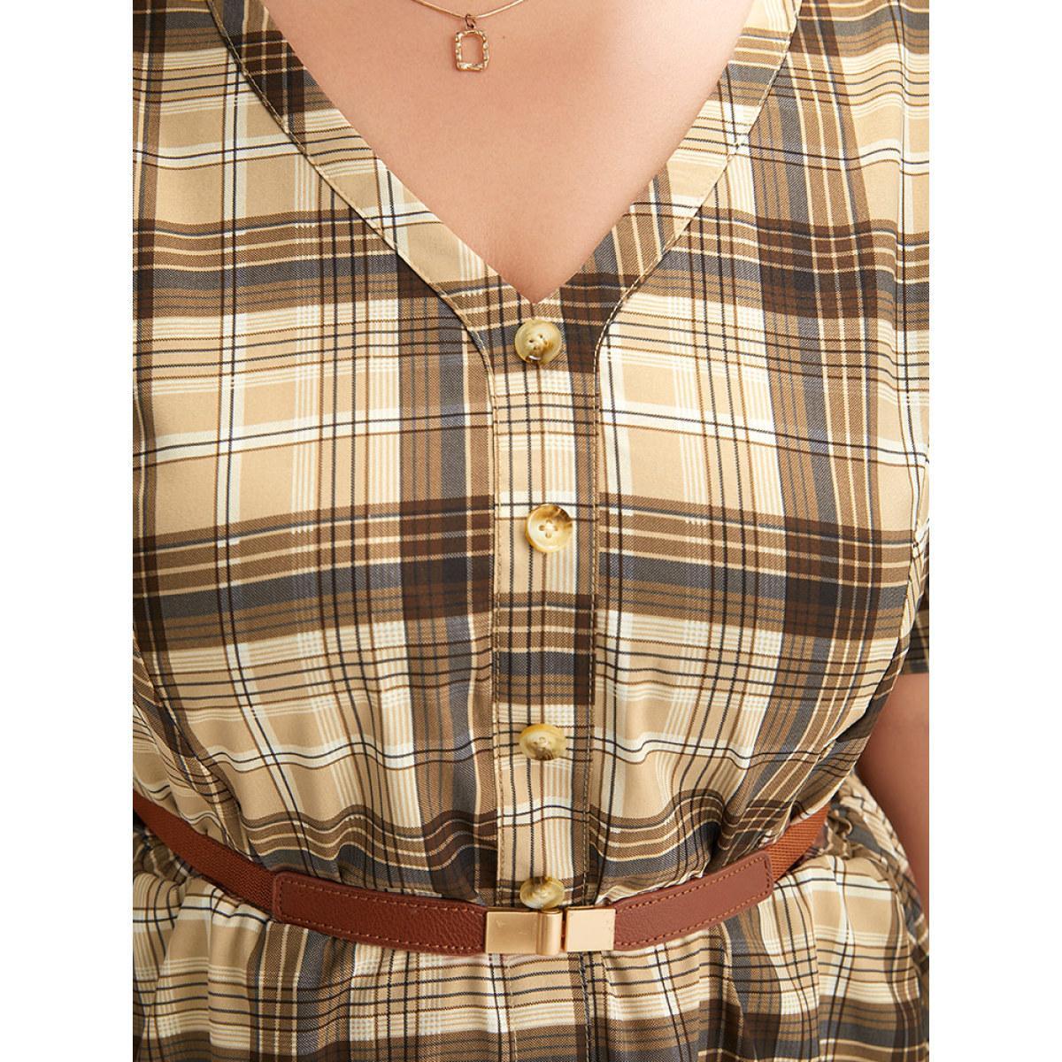 Plus Size Plaid Pocket V Neck Button Detail Dress Tan Women Casual Button V-neck Short sleeve Curvy Midi Dress BloomChic 26/4X Product Image