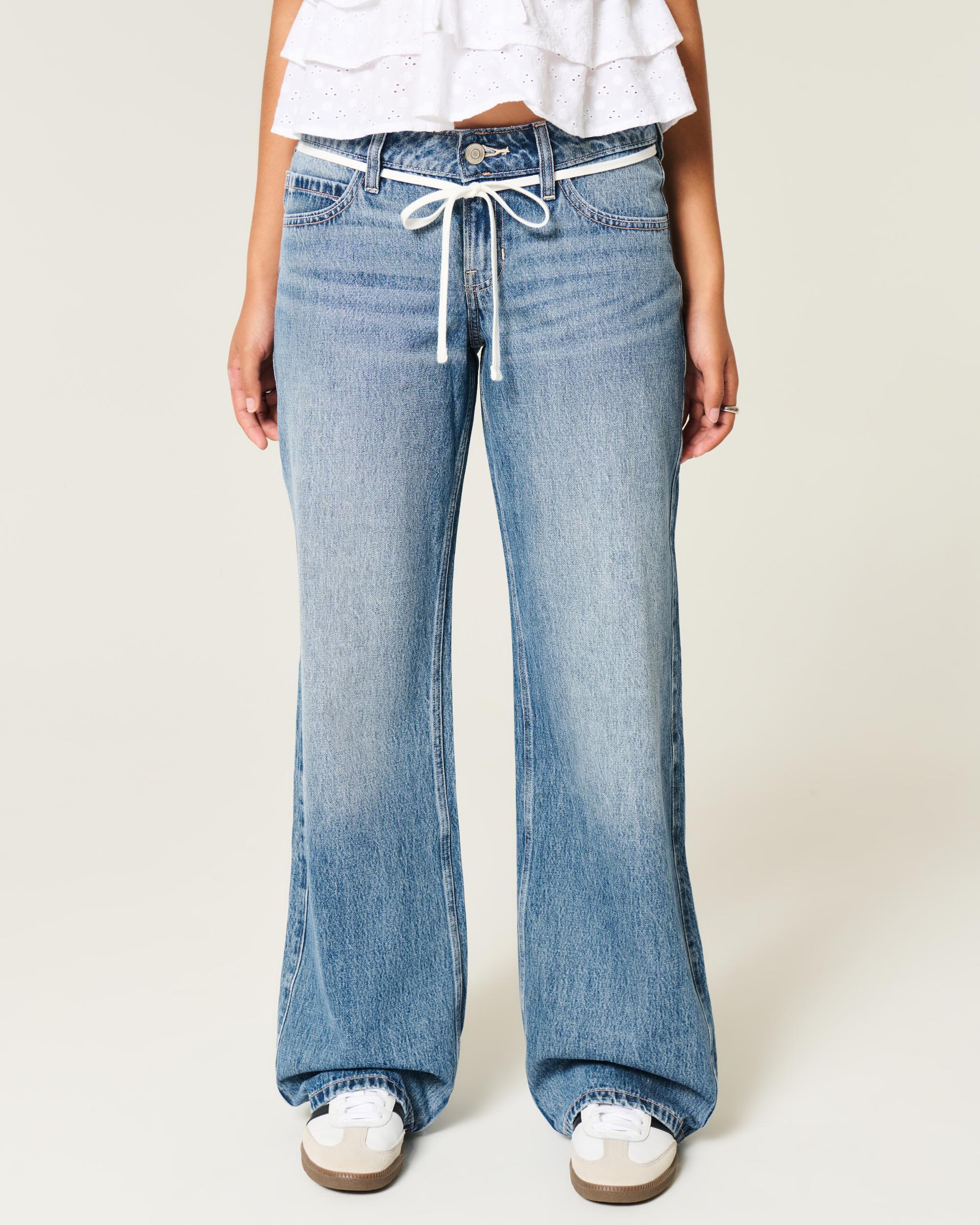 Low-Rise Medium Wash Shoestring Waist Baggy Jeans Product Image