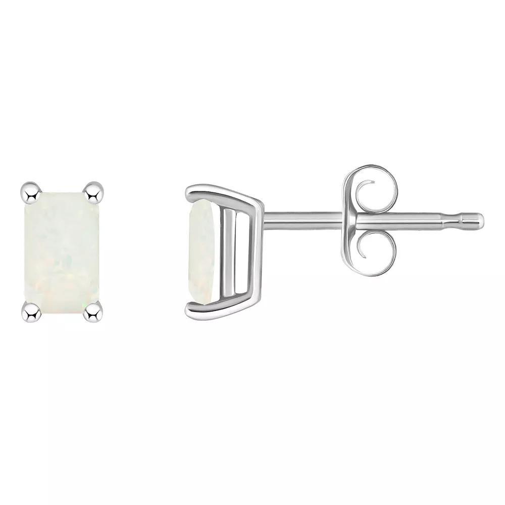 14k White Gold Emerald Cut Birthstone Stud Earrings, Women's, White Opal Oct Product Image