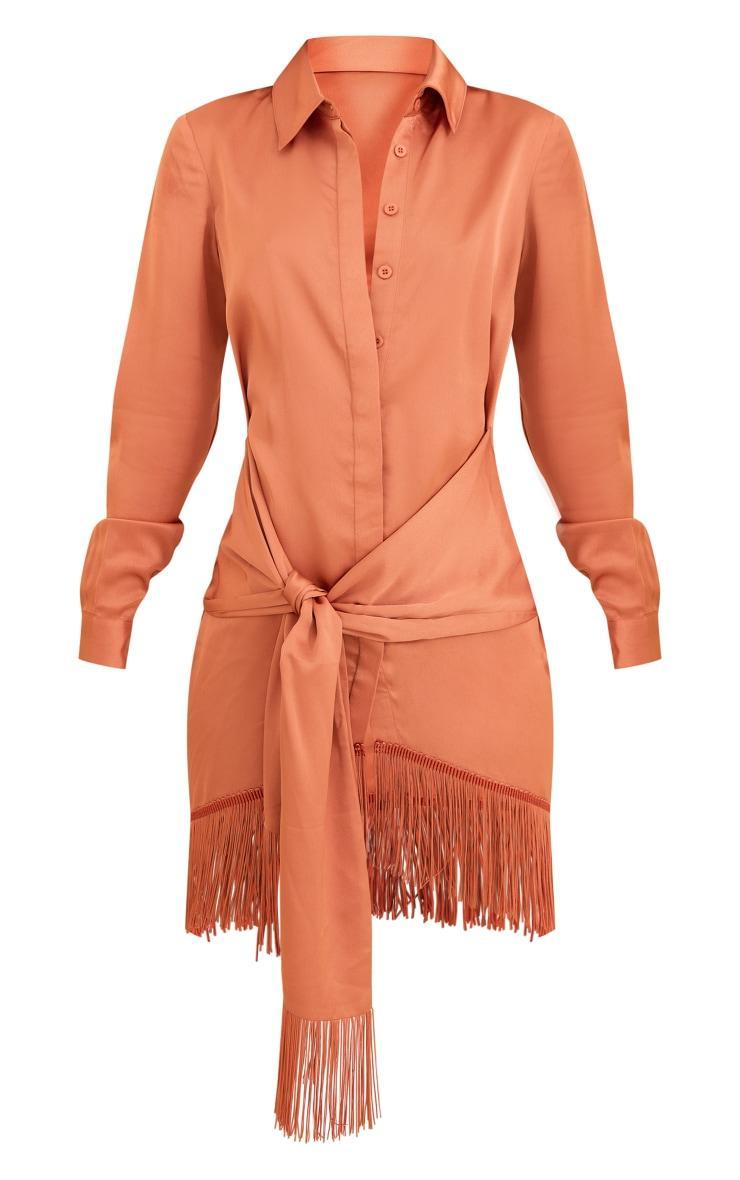 Rust Satin Drape Detail Tassel Hem Shirt Dress Product Image