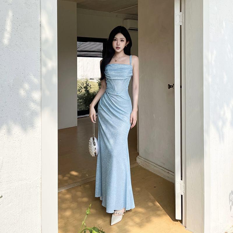 Sleeveless Glitter Ruched Slim-Fit Maxi Bodycon Dress Product Image