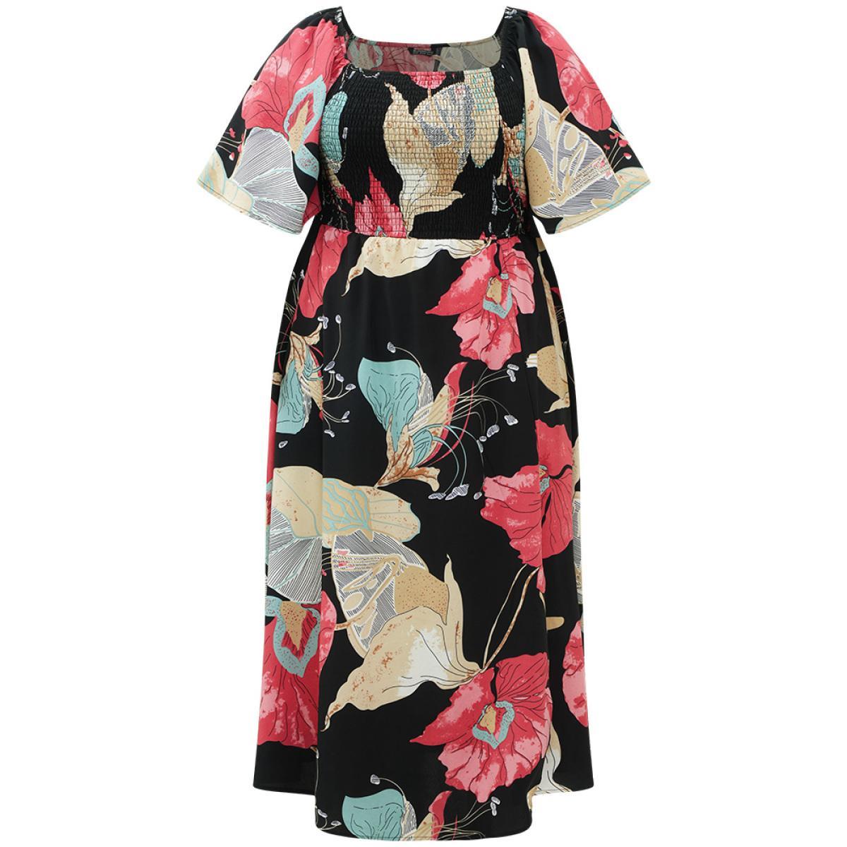 Plus Size Floral Print Shirred Square Neck Flutter Hem Dress Black Women Elegant Printed Square Neck Short sleeve Curvy Midi Dress BloomChic 10/M Product Image