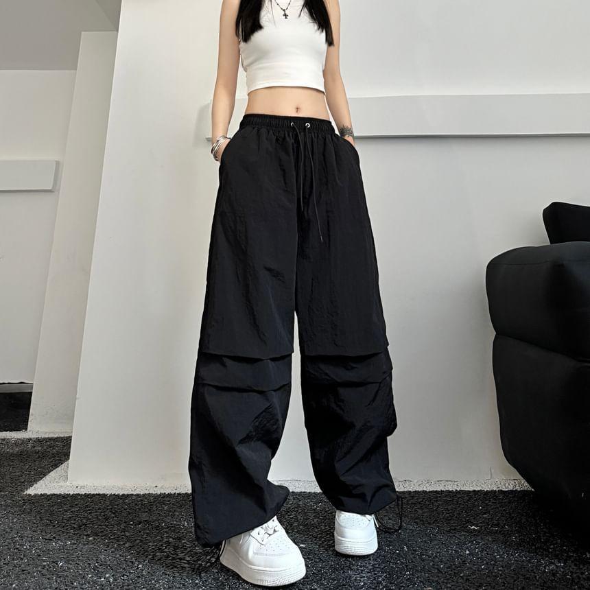 Mid Rise Plain Drawstring Shirred Wide Leg Pants Product Image
