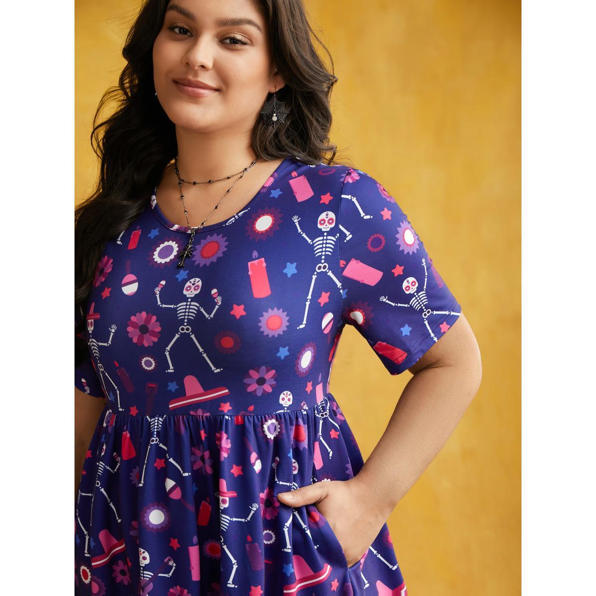 Plus Size Musical Skeleton Waist-Cinching Dress DarkBlue Women Cocktail Non Party Curvy Bloomchic 26/4X Product Image