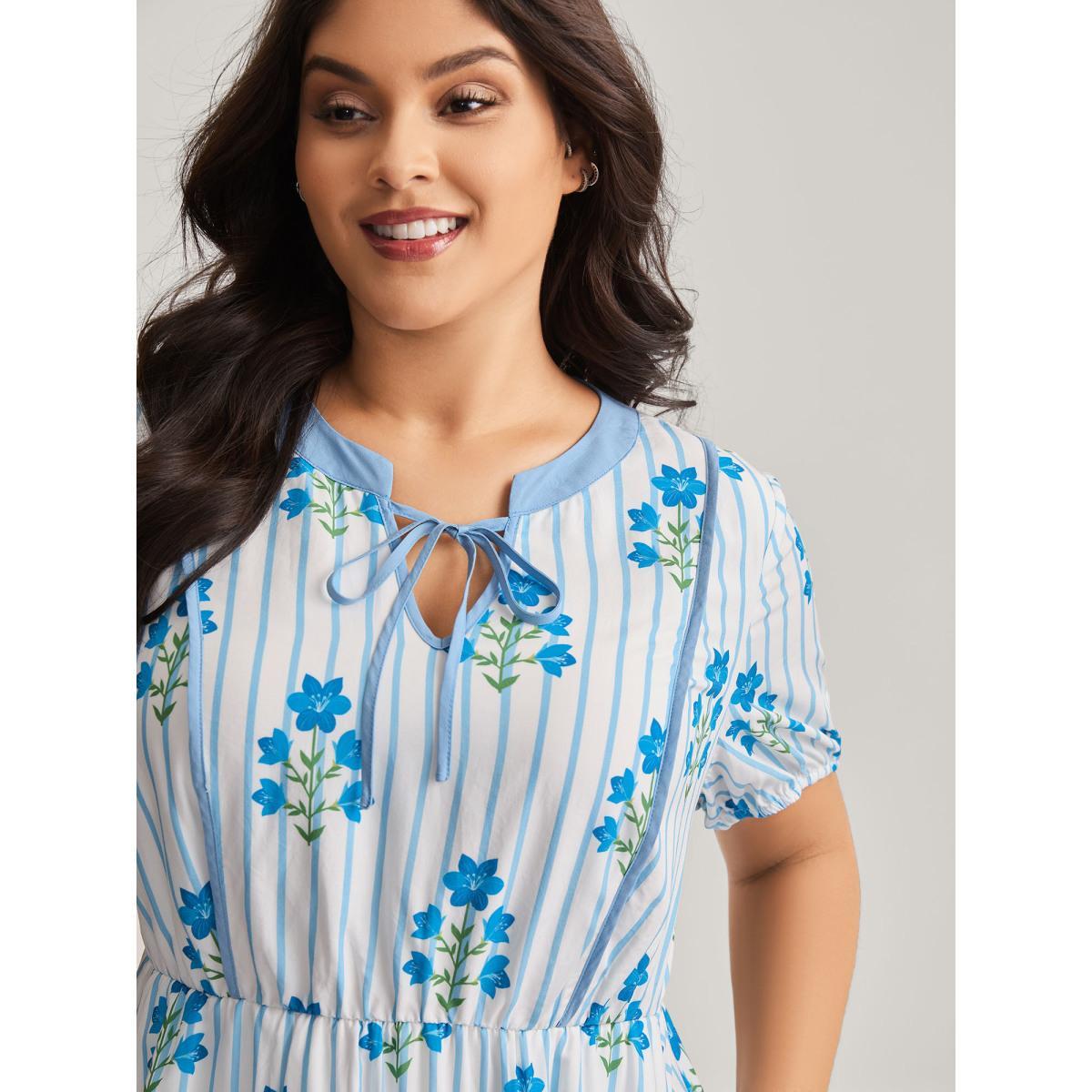 Plus Size Stripe Floral Notched Neck Tie Midi Dress Skyblue Women Notched collar Short sleeve Curvy BloomChic 12/L Product Image