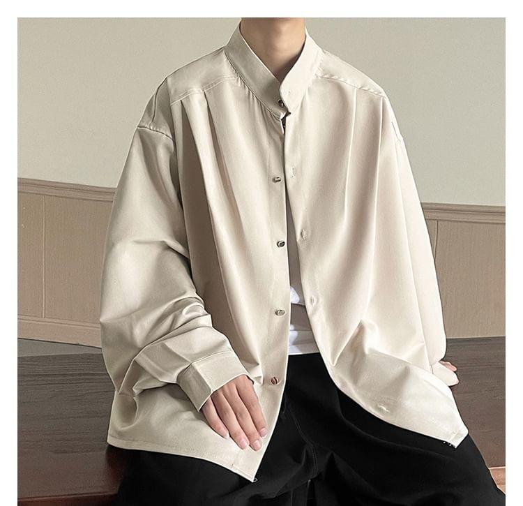 Long-Sleeve Stand Collar Plain Button-Up Shirt Product Image