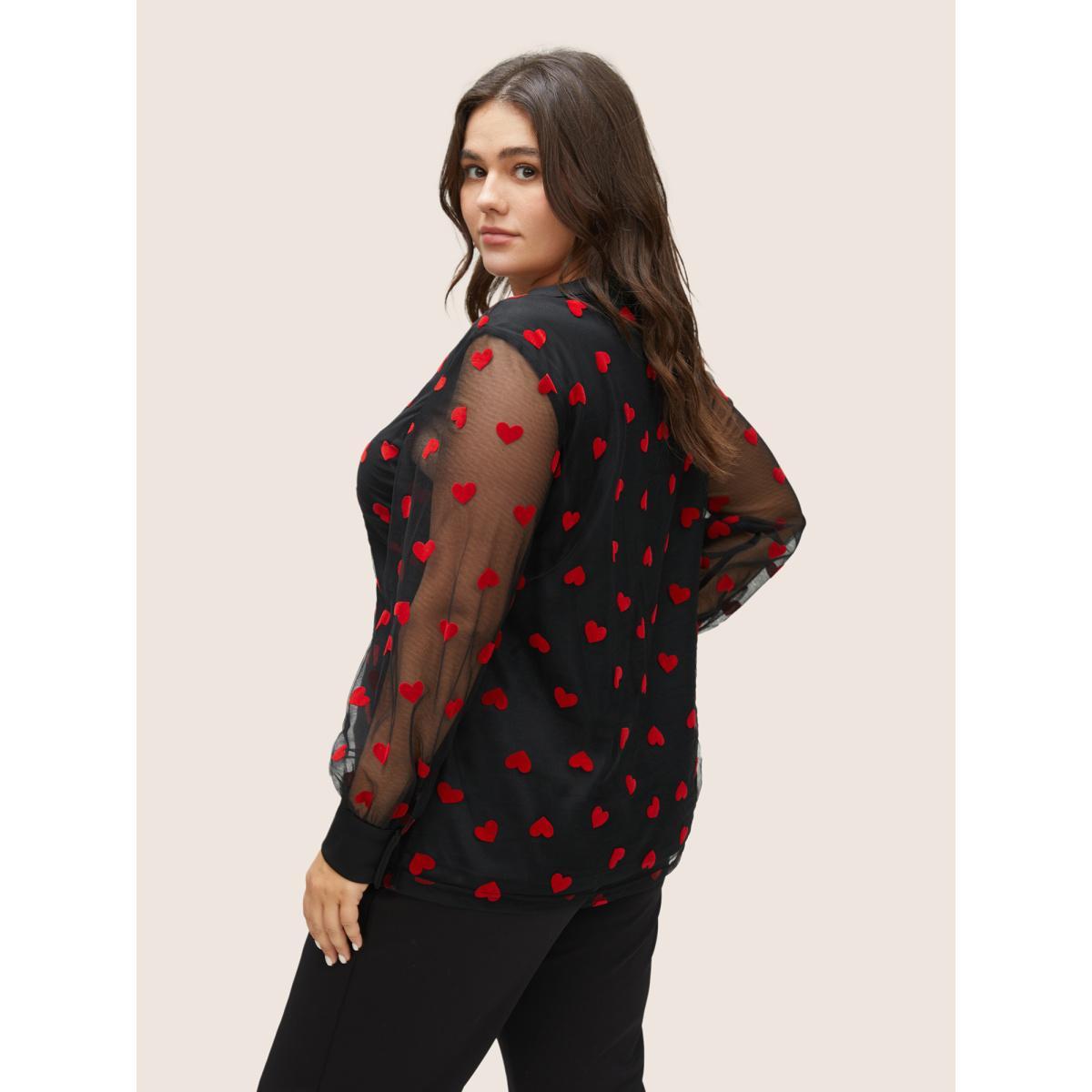 Plus Size Black Heart Mesh Patchwork V Neck Blouse Women Cocktail Long Sleeve V-neck Party Blouses BloomChic 14-16/1X Product Image