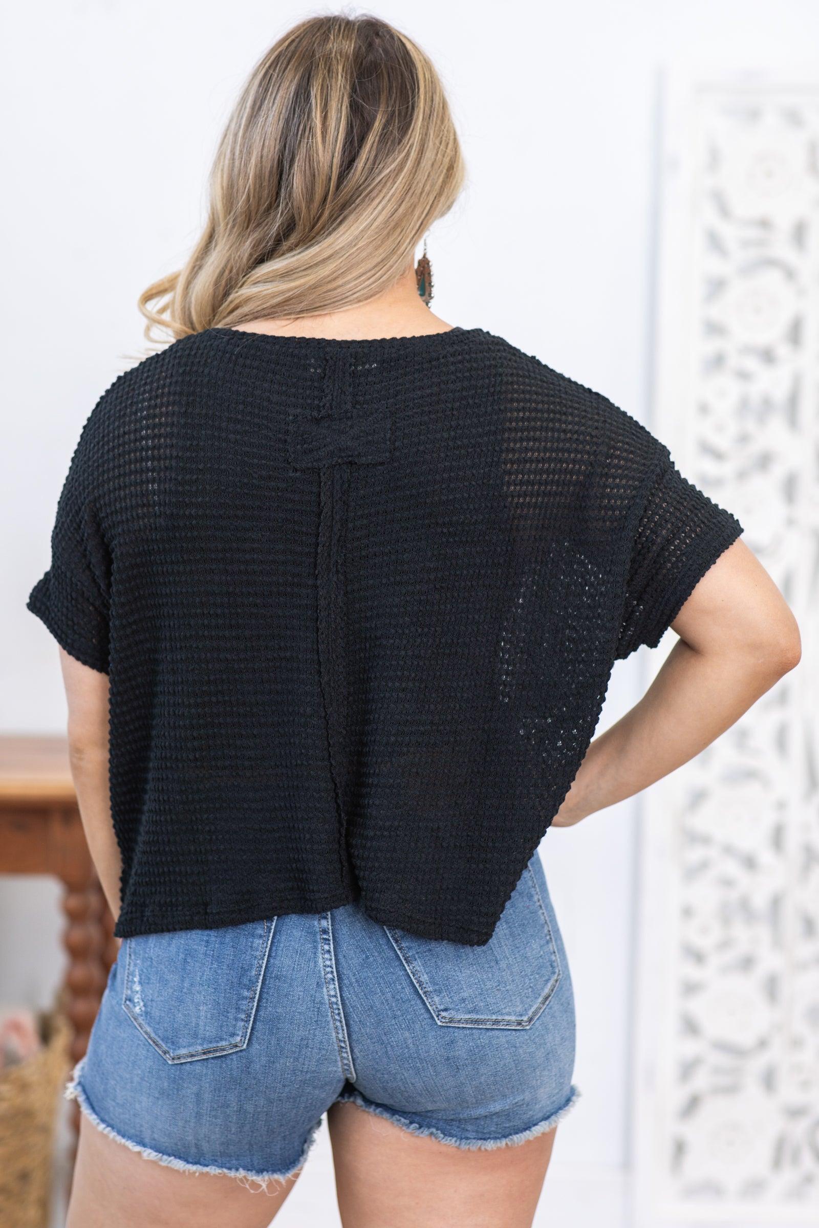 Black Drop Shoulder Jacquard Knit Top Product Image