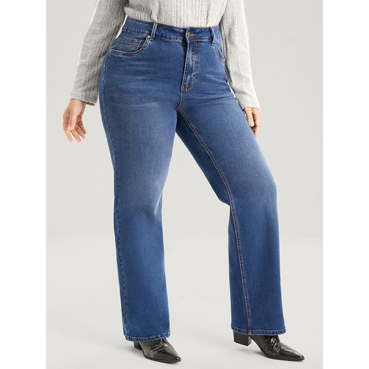 Plus Size Straight Moderately Stretchy High Rise Dark Wash Sculpt Waist Jeans Women DarkBlue Casual Plain Medium stretch Pocket Jeans BloomChic 26/4X Product Image