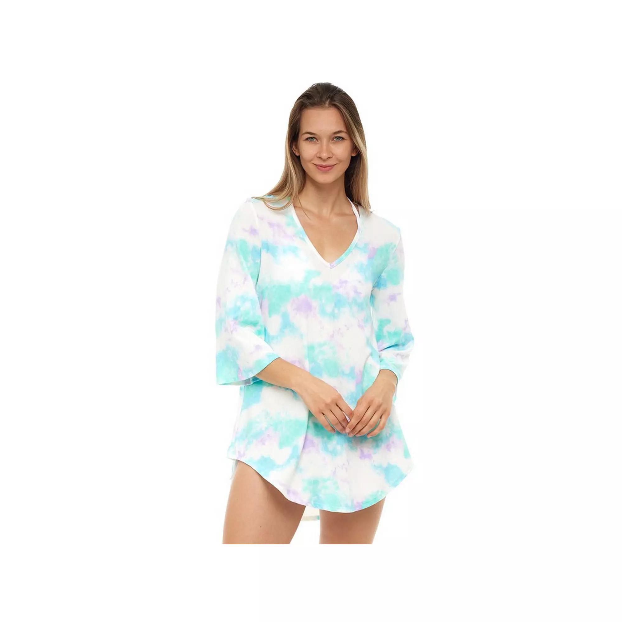Women's Jordan Taylor V-Neck Tie Dye Print Coverup Swim Tunic, Size: Small, Ivory Mint Turquoise Product Image