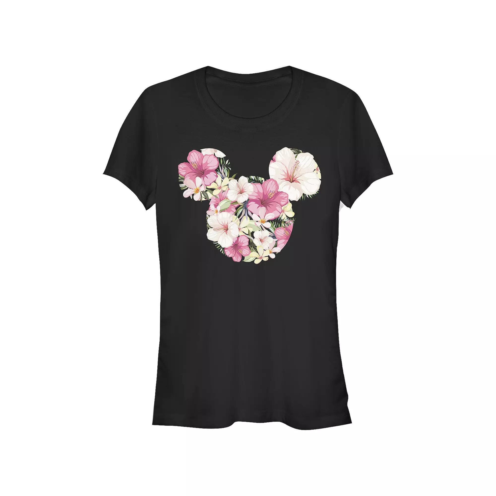 Disney's Mickey Mouse Juniors' Floral Filled Head Fitted Graphic Tee, Girl's, Size: Small, Black Product Image