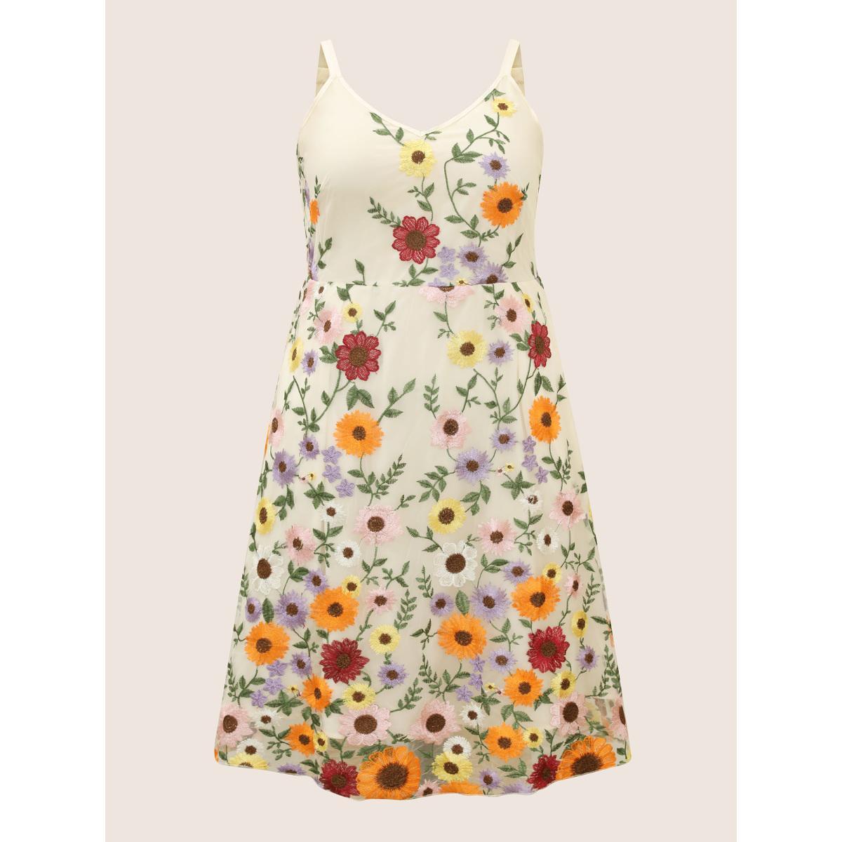 Plus Size V Neck Floral Embroidered Mesh Cami Dress Ivory Women Formal Embroidered V-neck Sleeveless Curvy BloomChic 30/6X Product Image