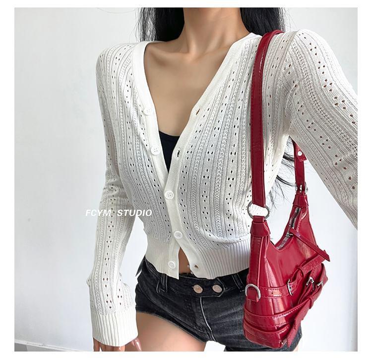V-Neck Plain Pointelle Cardigan Product Image